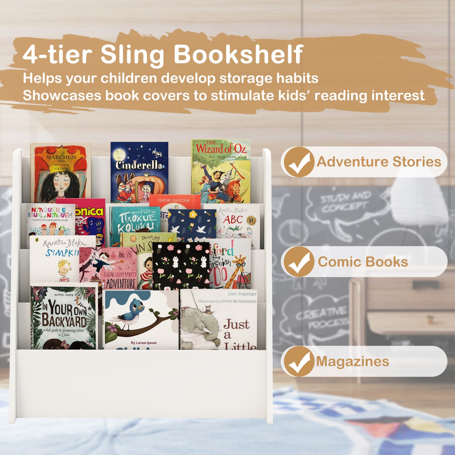 4-Tier Kids Bookshelf with Deep Compartments for Bedroom