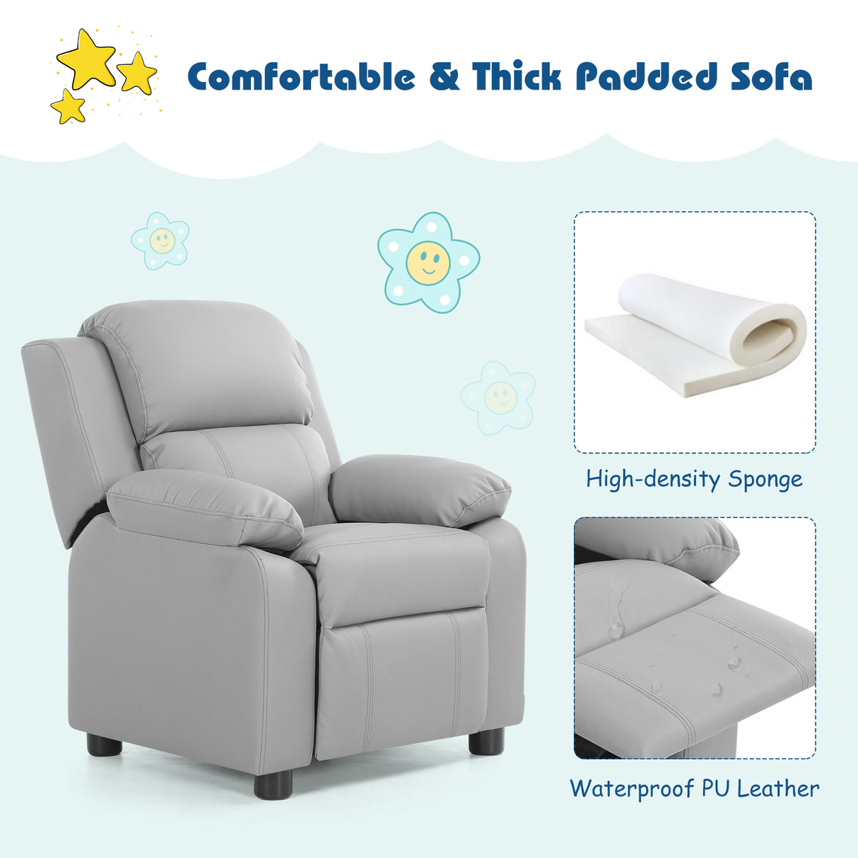 Deluxe Kids Armchair Recliner Headrest Sofa w/ Storage Arms