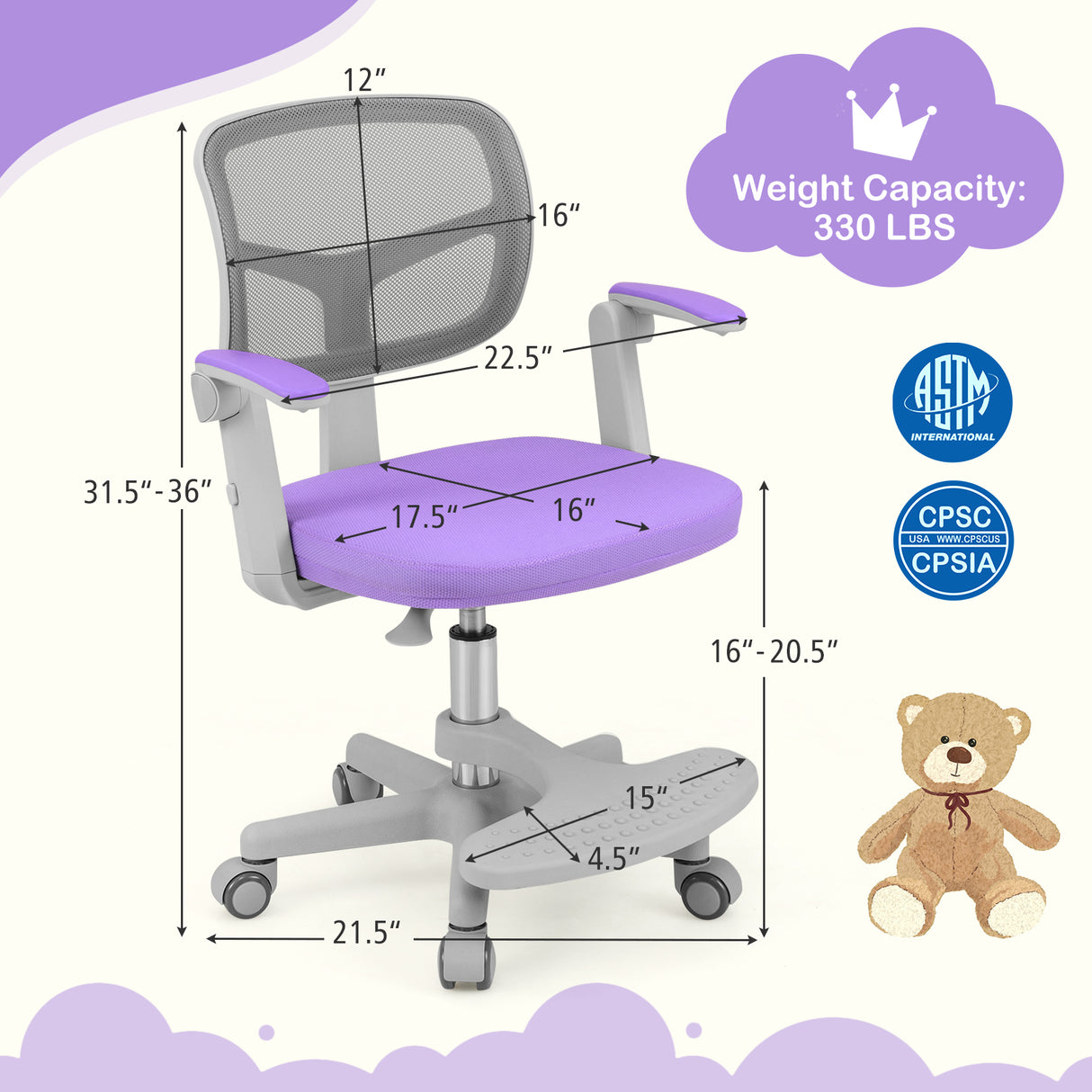 Kids Desk Chair Children Study Chair with Adjustable Height Armrest and Footrest