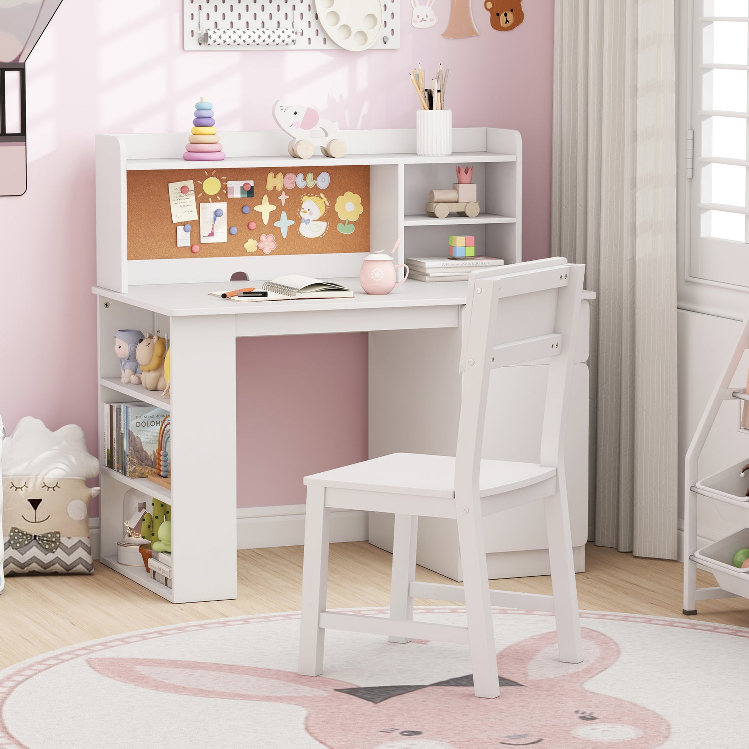 Kids Desk and Chair Set with Hutch and 3-Layer Side Shelf