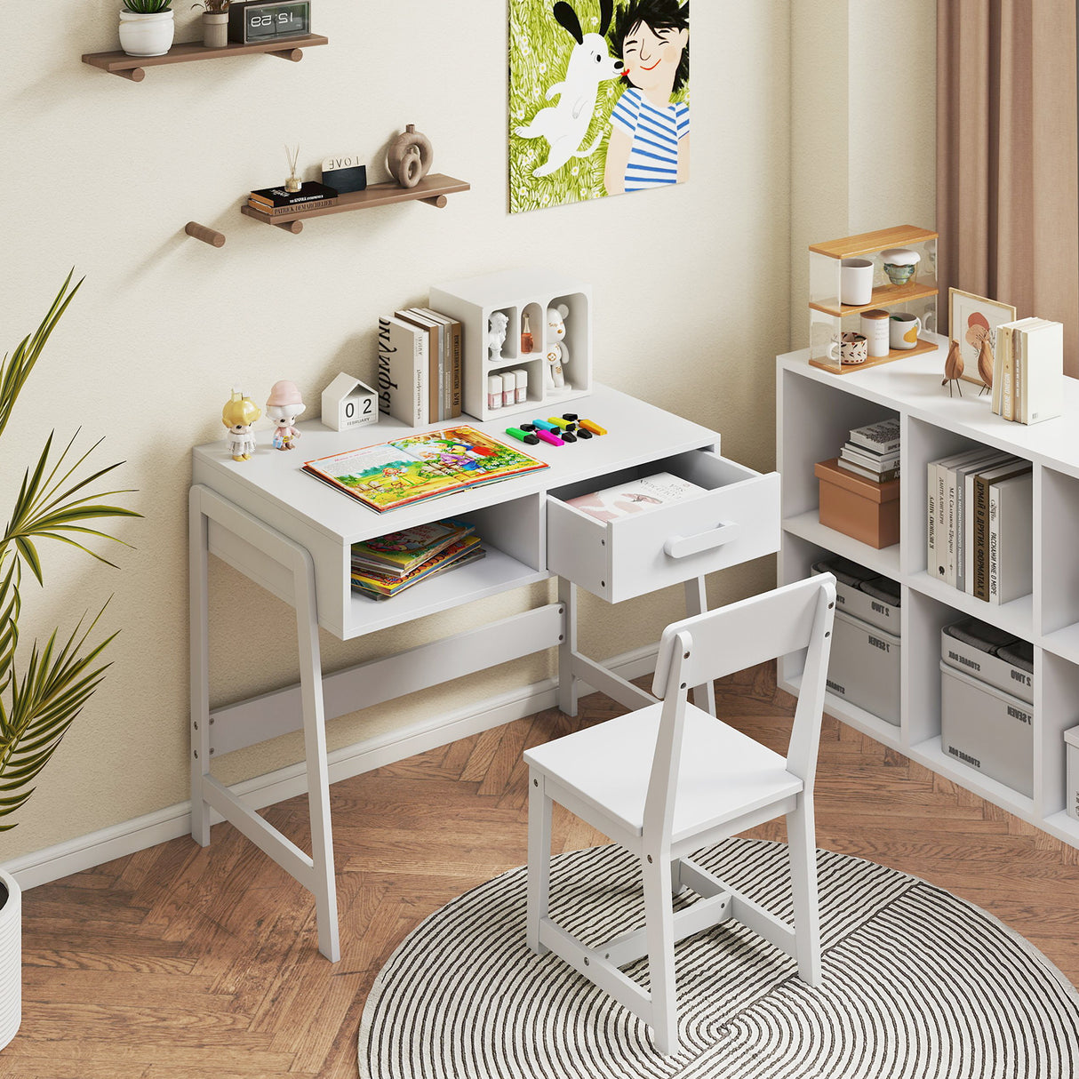 Kids Desk and Chair Set with Storage Drawer and Hutch