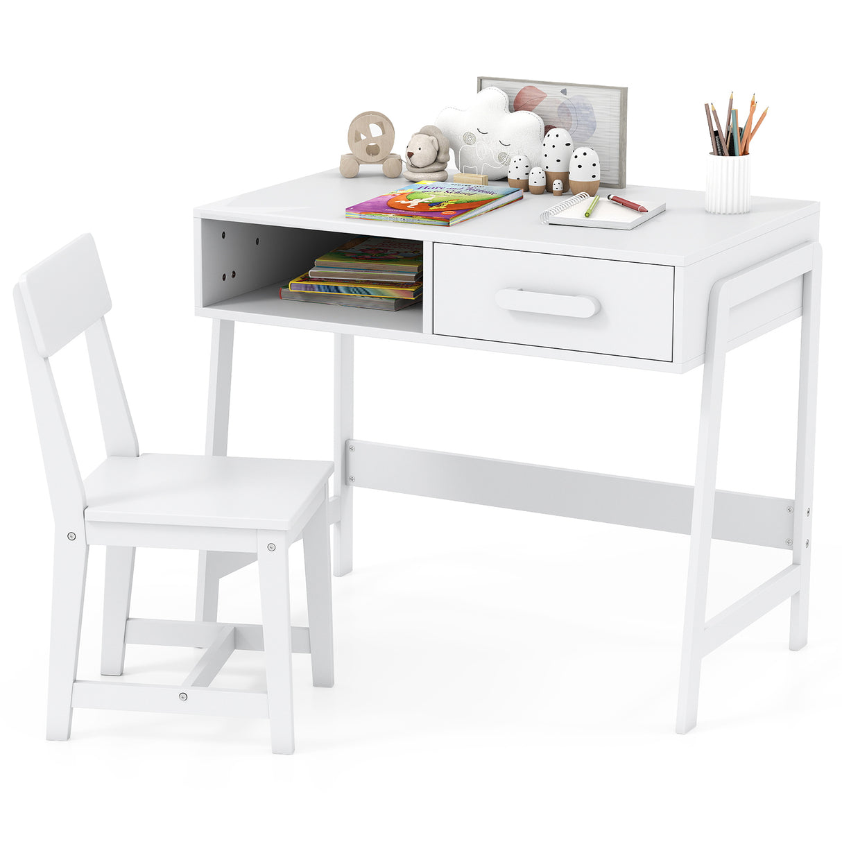 Kids Desk and Chair Set with Storage Drawer and Hutch