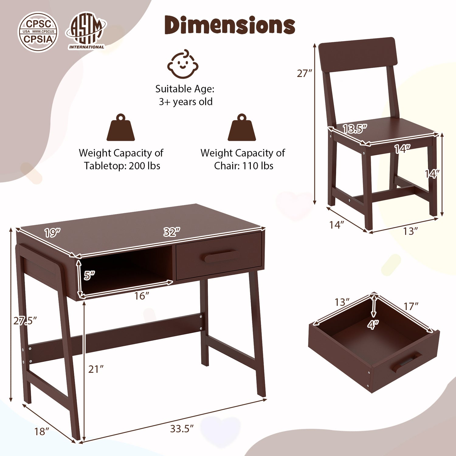 Kids Desk and Chair Set with Storage Drawer and Hutch