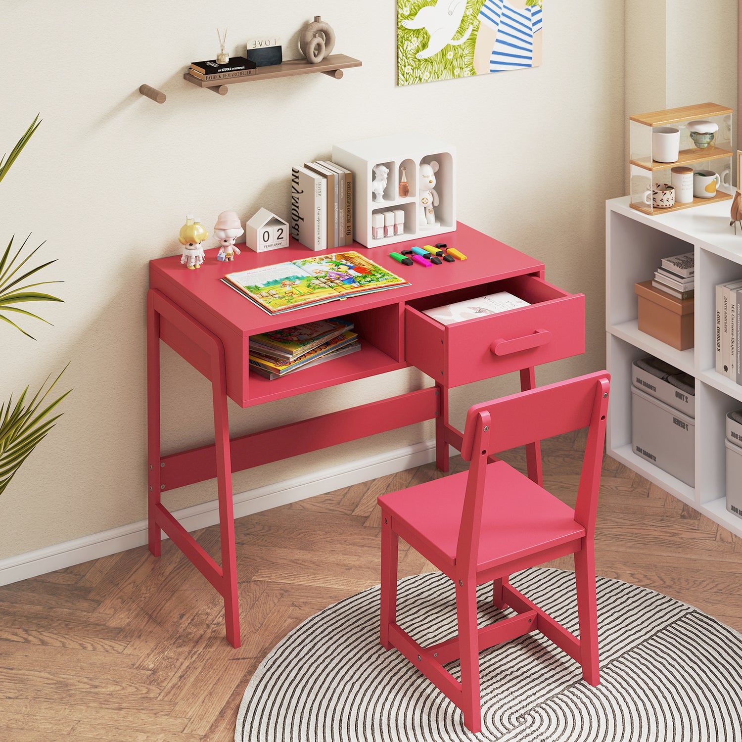 Kids Desk and Chair Set with Storage Drawer and Hutch