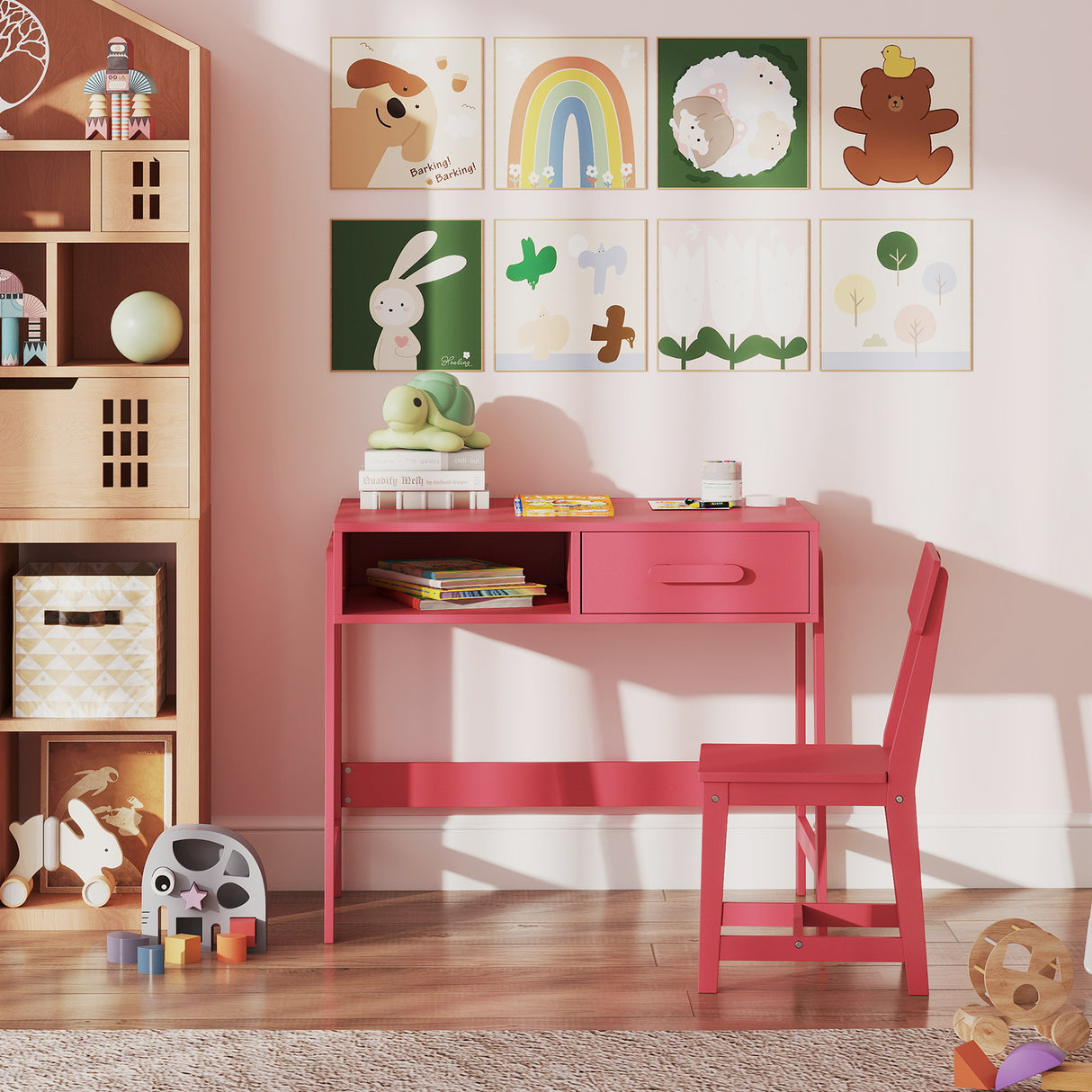 Kids Desk and Chair Set with Storage Drawer and Hutch
