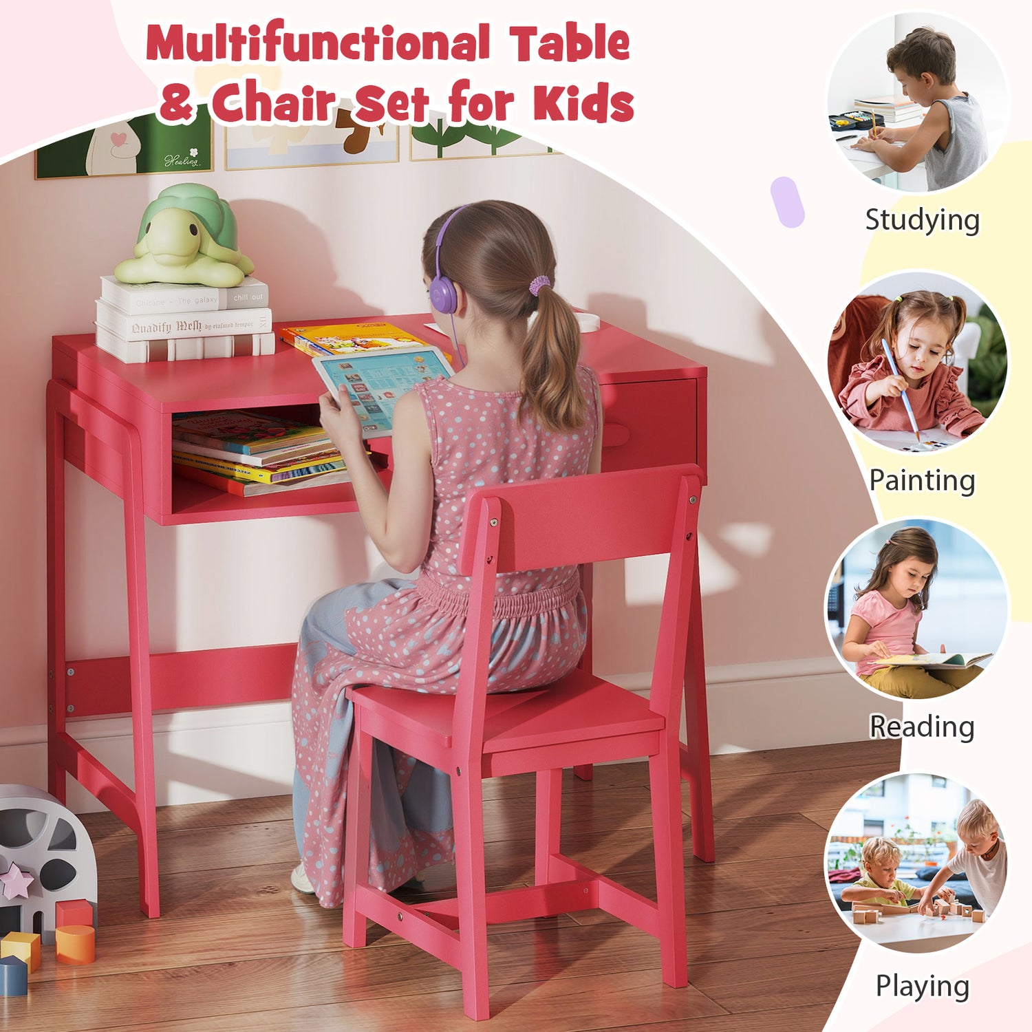 Kids Desk and Chair Set with Storage Drawer and Hutch