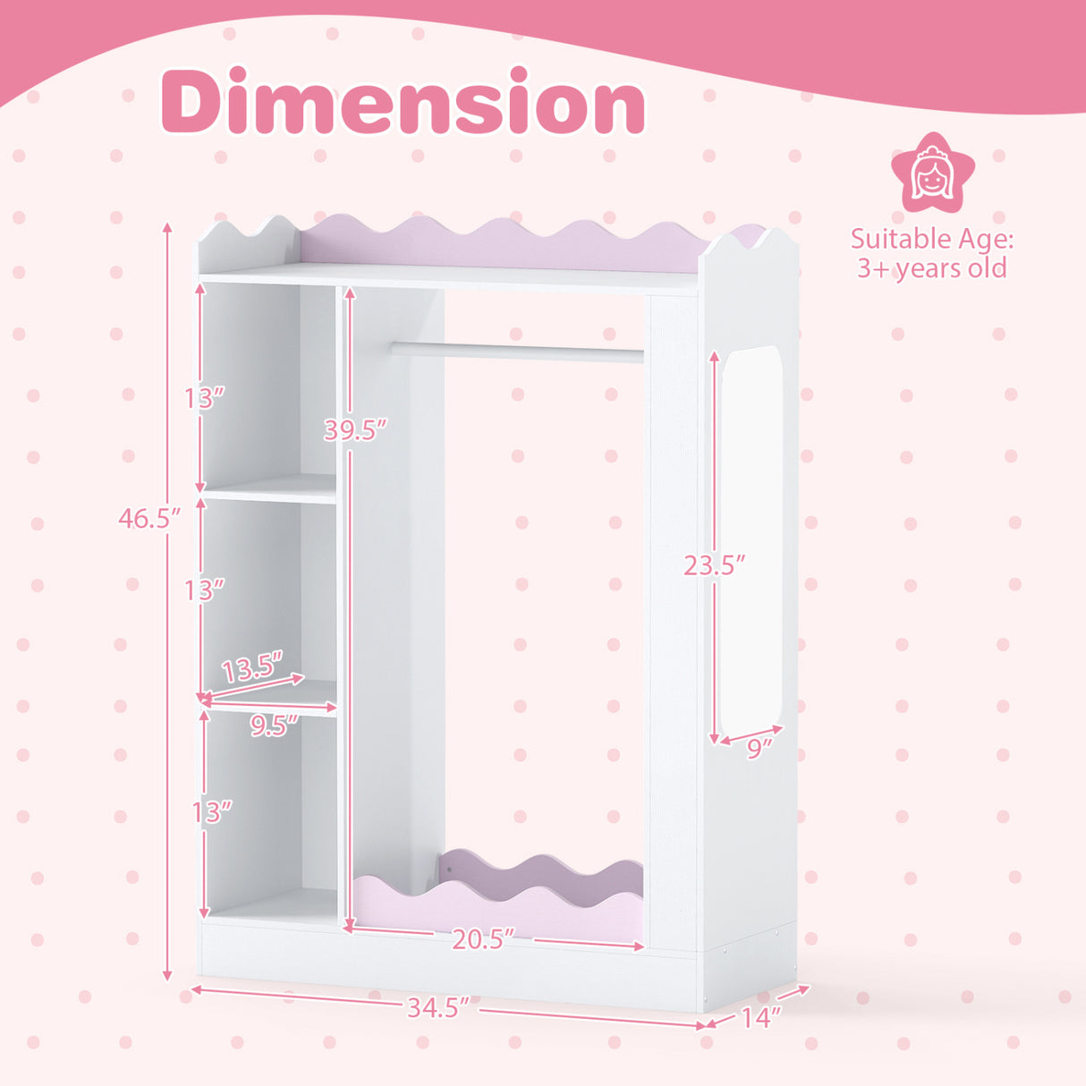 Kids Dress Up Storage with Mirrors and Hanging Rack and Shelves for Bedroom-Pink