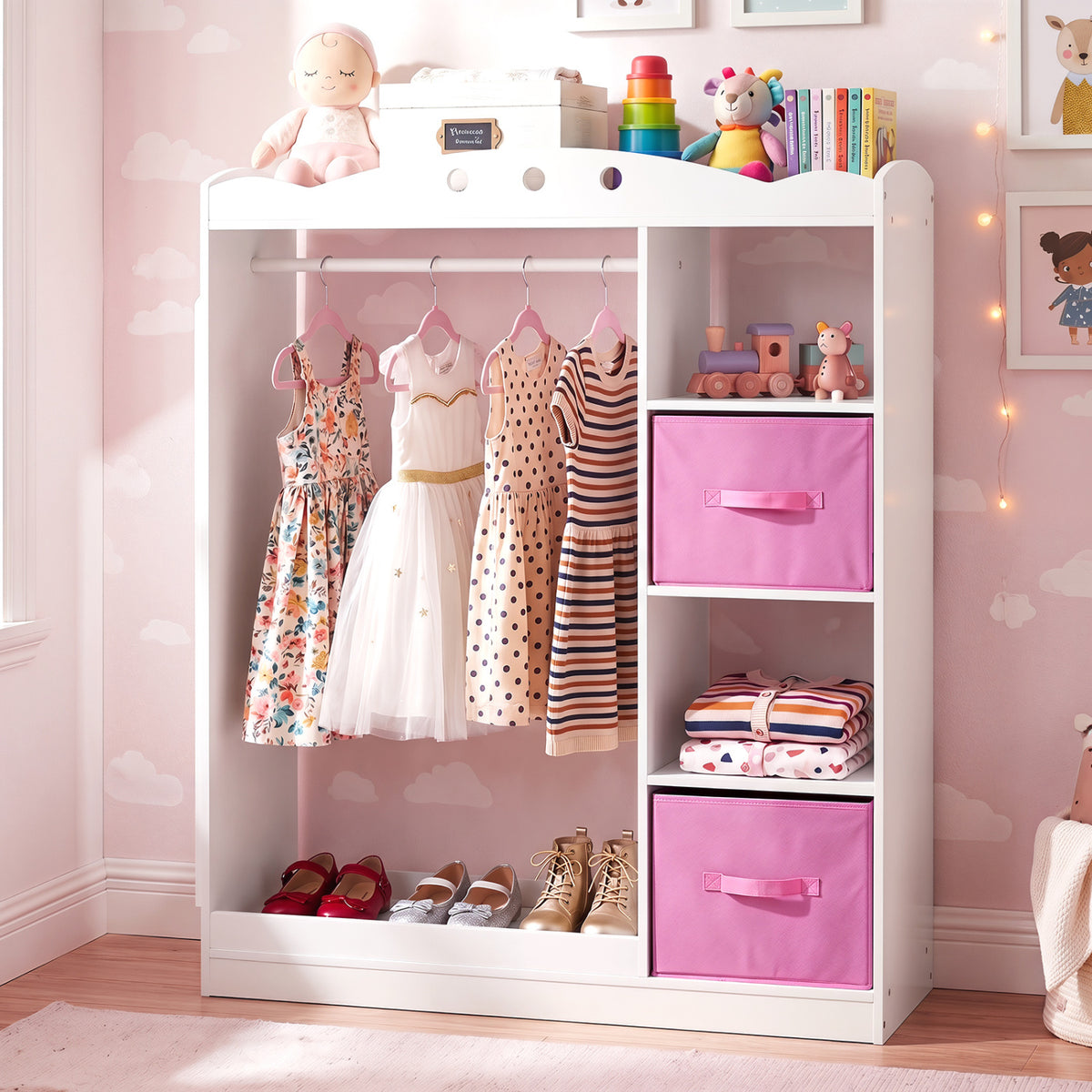 Kids Dress Up Storage with Full Length Mirror and Open Shelves