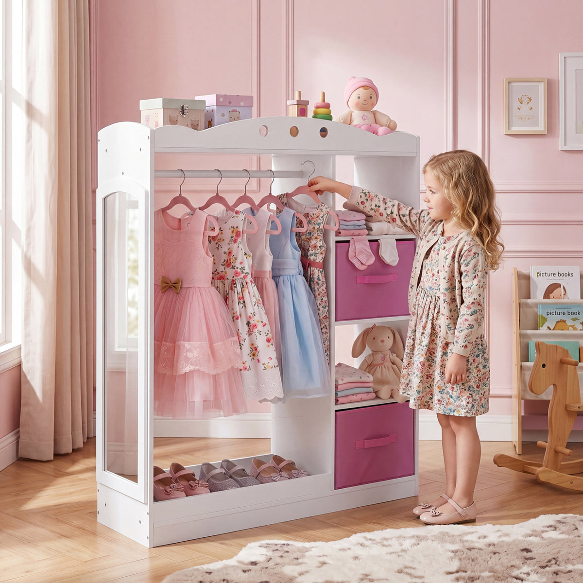 Kids Dress Up Storage with Full Length Mirror and Open Shelves