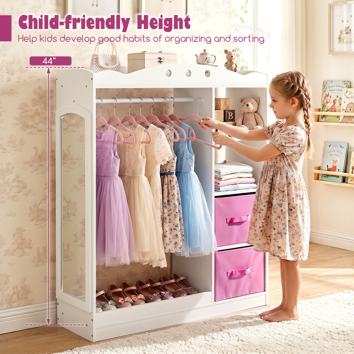 Kids Dress Up Storage with Full Length Mirror and Open Shelves