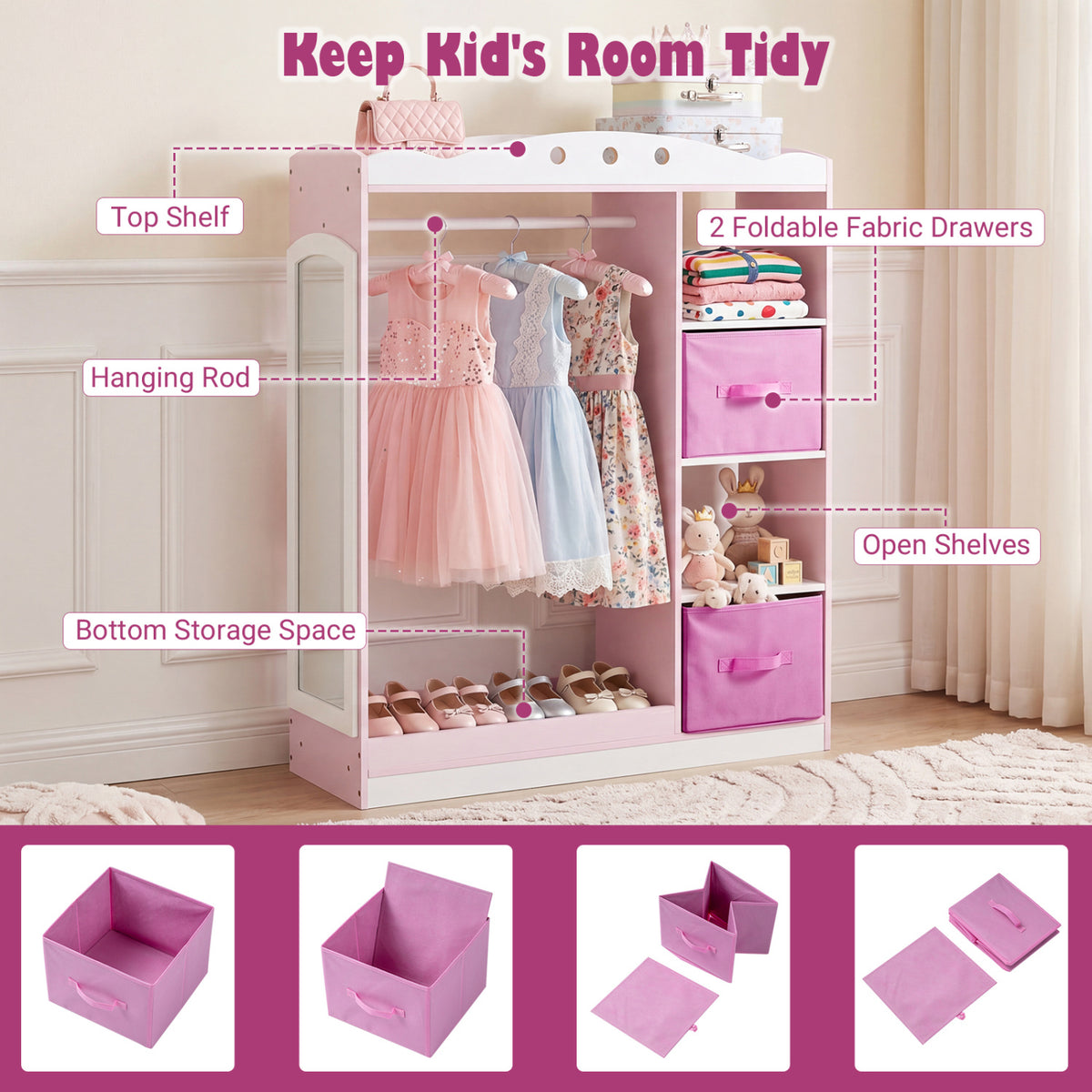 Kids Dress Up Storage with Full Length Mirror and Open Shelves