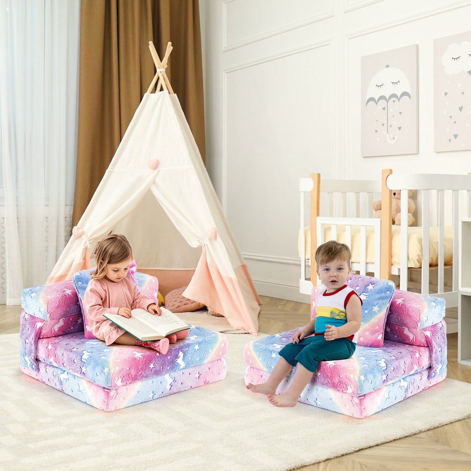 Kids Folding Sofa Bed Floor Mattress Glow in the Dark with Pillow
