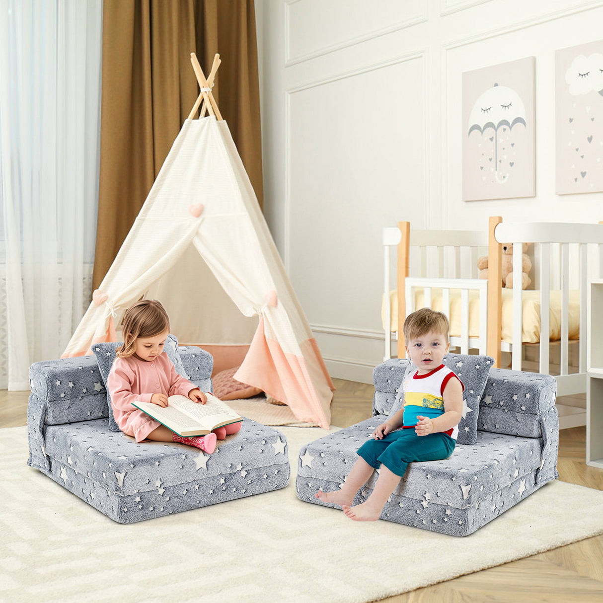 Kids Folding Sofa Bed Floor Mattress Glow in the Dark with Pillow