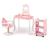 Kids Hair Salon Play Set with LED Lighted Mirror Wooden Pretend Hair Salon Station with Swivel Barber Chair-Pink