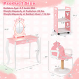 Kids Hair Salon Play Set with LED Lighted Mirror Wooden Pretend Hair Salon Station with Swivel Barber Chair-Pink