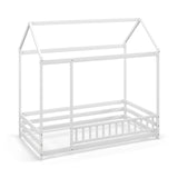 Twin Size Kids House Bed Wooden Floor Bed with Roof and Full-length Safety Guardrail