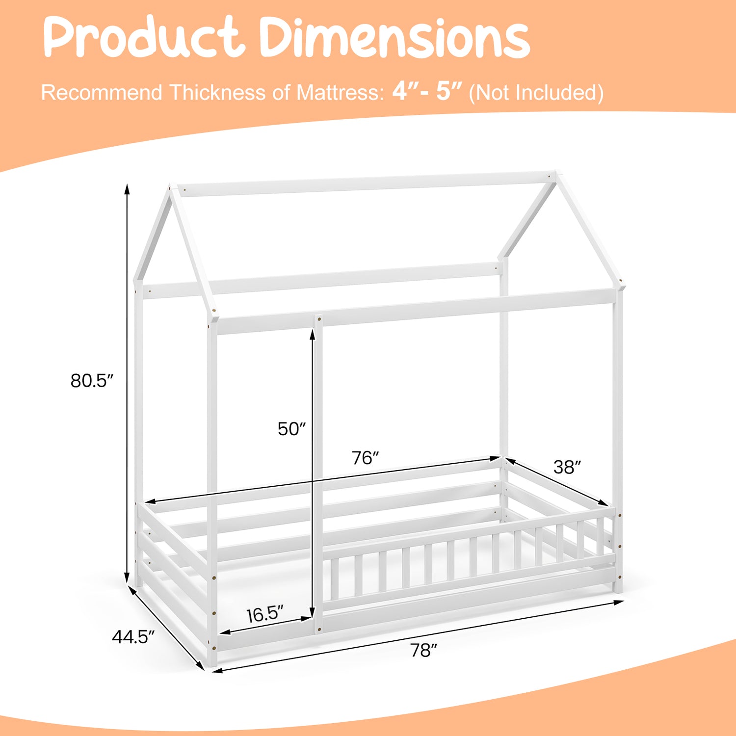 Twin Size Kids House Bed Wooden Floor Bed with Roof and Full-length Safety Guardrail