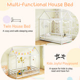 Twin Size Kids House Bed Wooden Floor Bed with Roof and Full-length Safety Guardrail