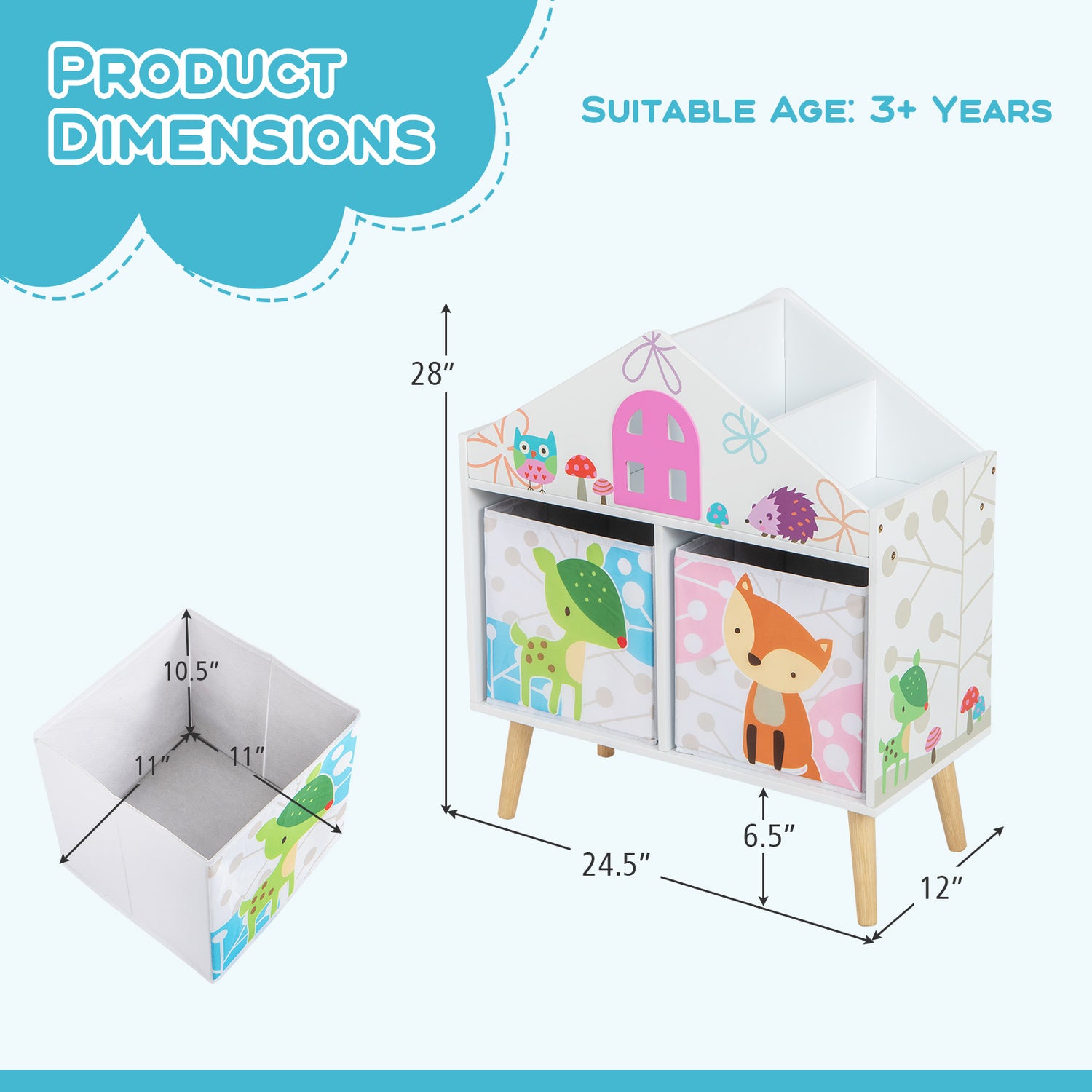 Kids House-shaped Bookshelf with 2 Storage Bins for Kids Room Playroom-White