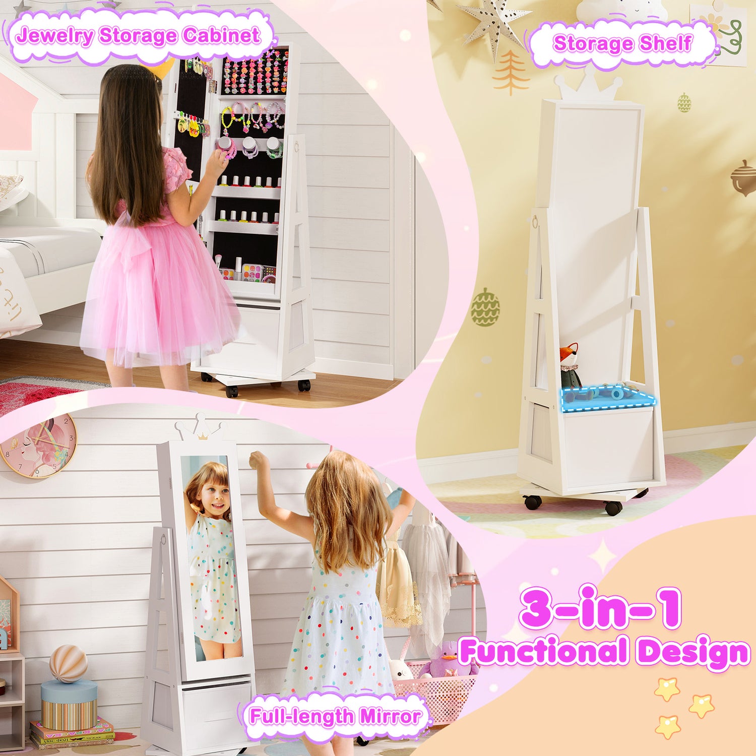 Kids Jewelry Armoire Cabinet with Swivel Base and Lockable Universal Wheels-White