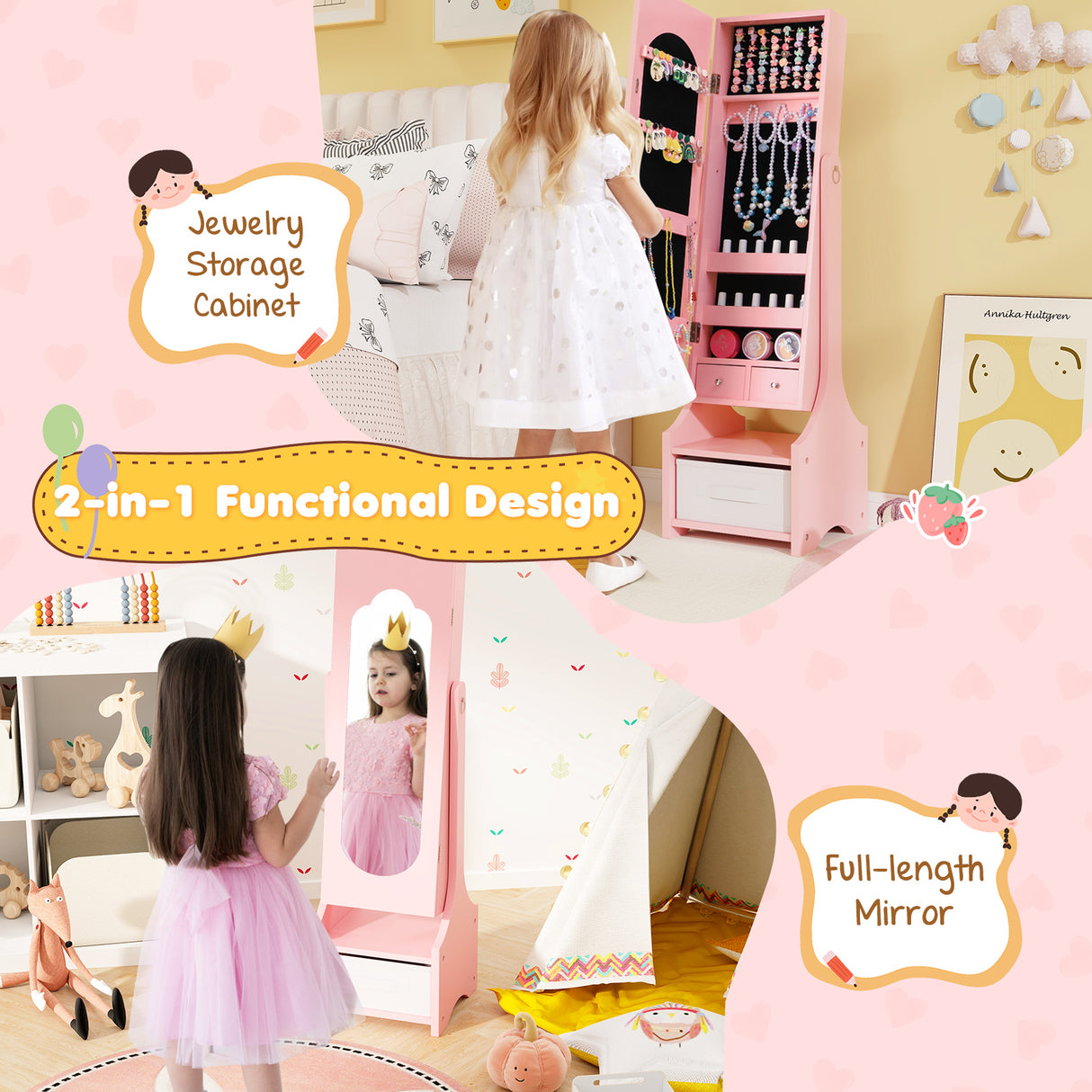 Freestanding Kids Jewelry Armoire Cabinet with Storage and 2 Tilt Angles