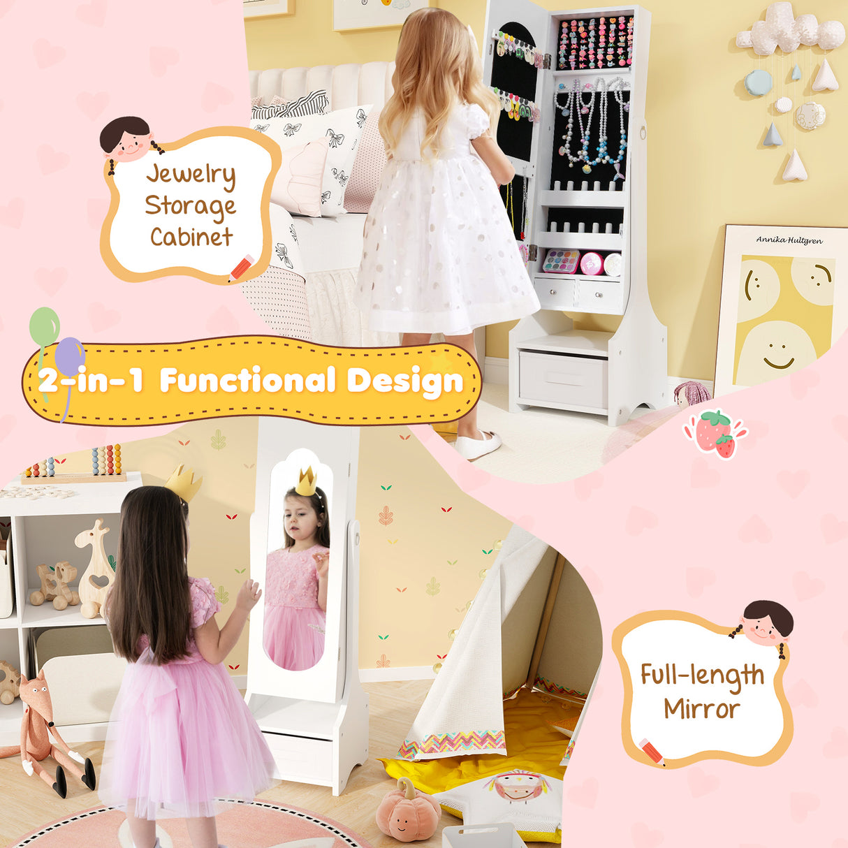 Freestanding Kids Jewelry Armoire Cabinet with Storage and 2 Tilt Angles