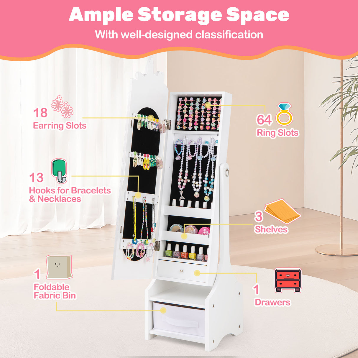 Kids Jewelry Armoire Cabinet with Storage and 2 Tilt Angles