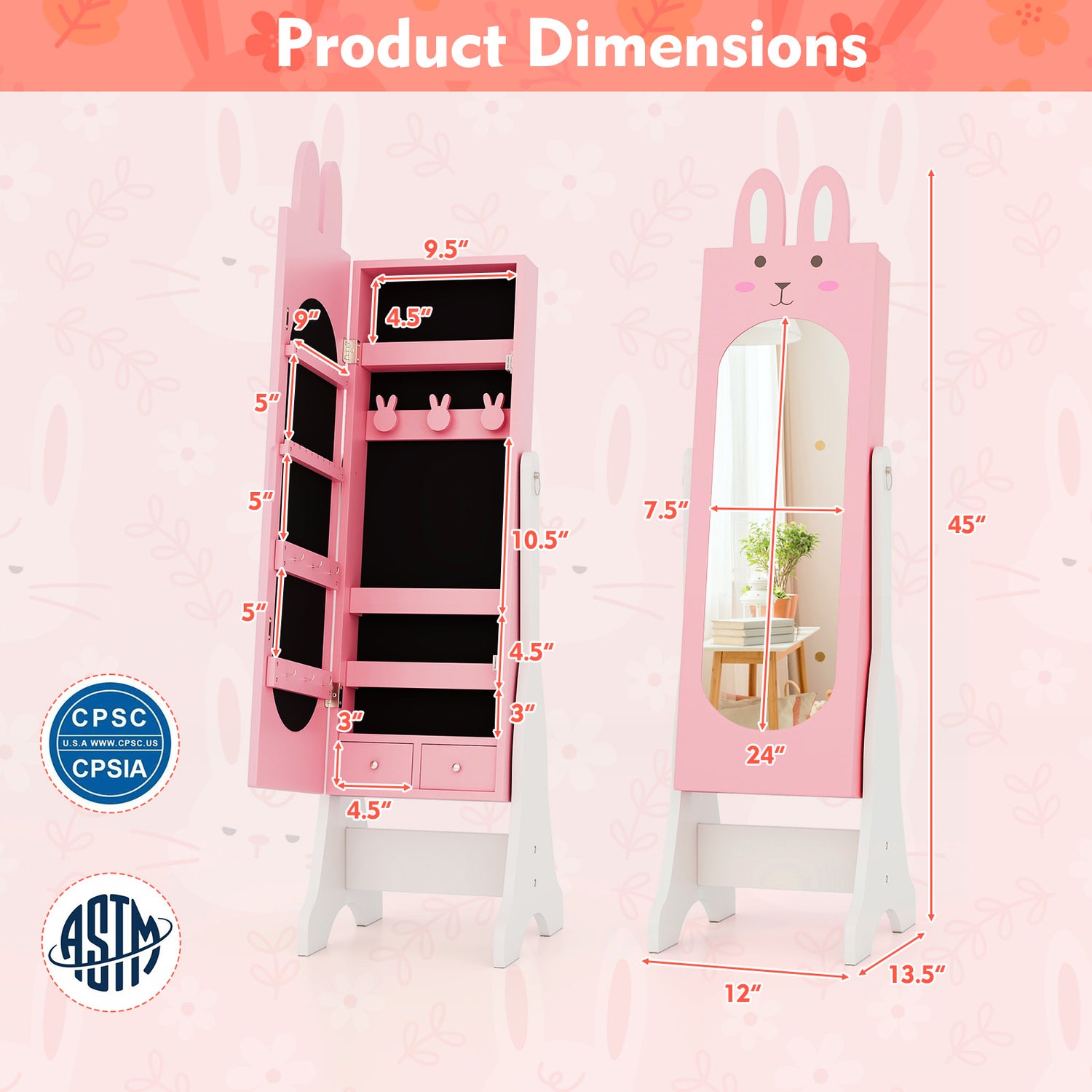 Kids Jewelry Armoire Cabinet with 2 Tilt Angles and Large Capacity