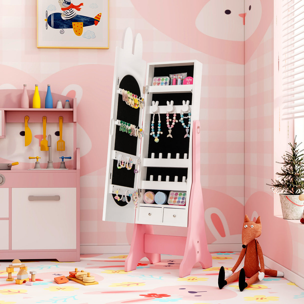 Kids Jewelry Armoire Cabinet with 2 Tilt Angles and Large Capacity
