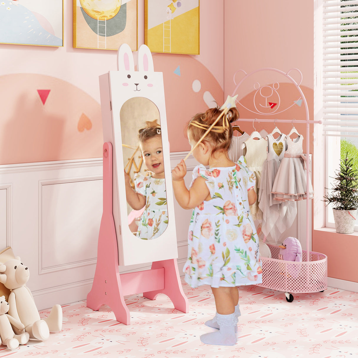 Kids Jewelry Armoire Cabinet with 2 Tilt Angles and Large Capacity