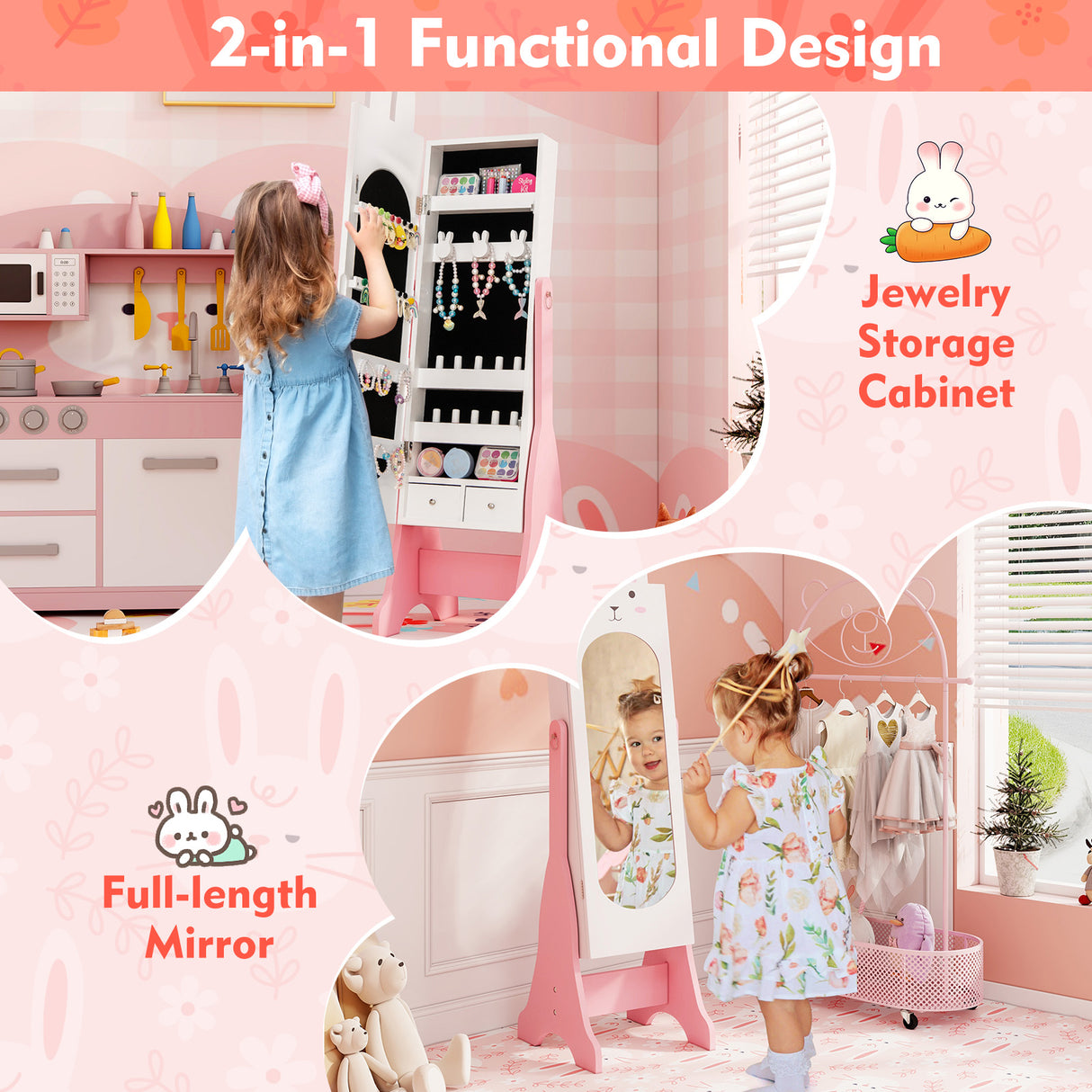 Kids Jewelry Armoire Cabinet with 2 Tilt Angles and Large Capacity