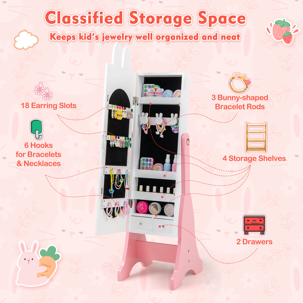 Kids Jewelry Armoire Cabinet with 2 Tilt Angles and Large Capacity