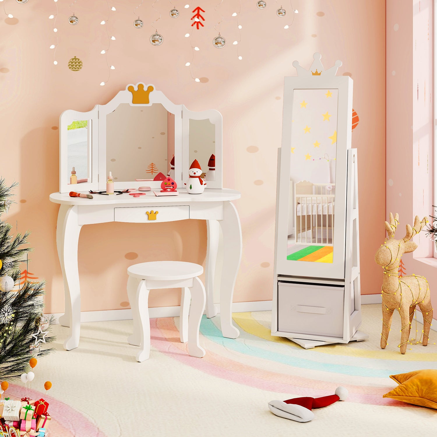 Kids Jewelry Armoire Cabinet with Large Storage Capacity and Swivel Base-White