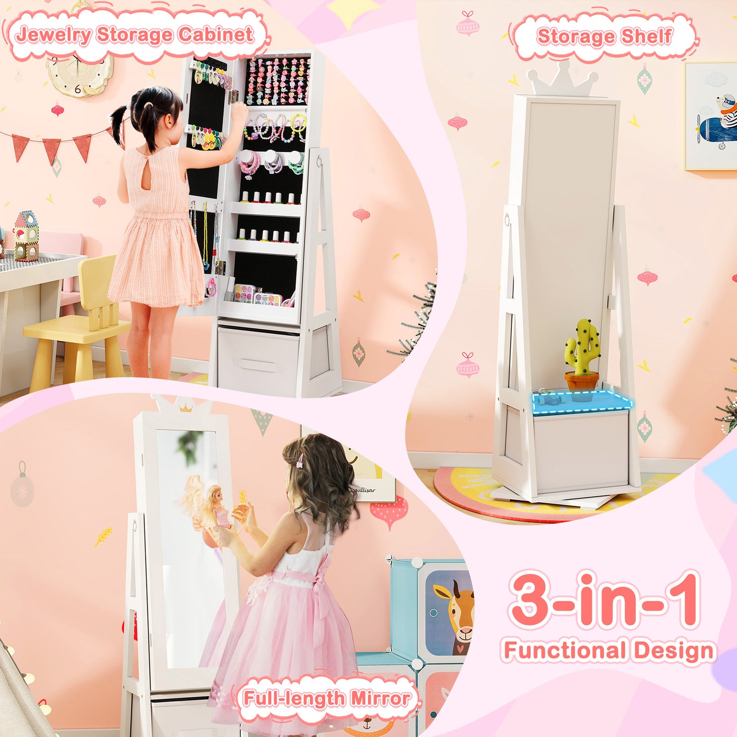 Kids Jewelry Armoire Cabinet with Large Storage Capacity and Swivel Base-White