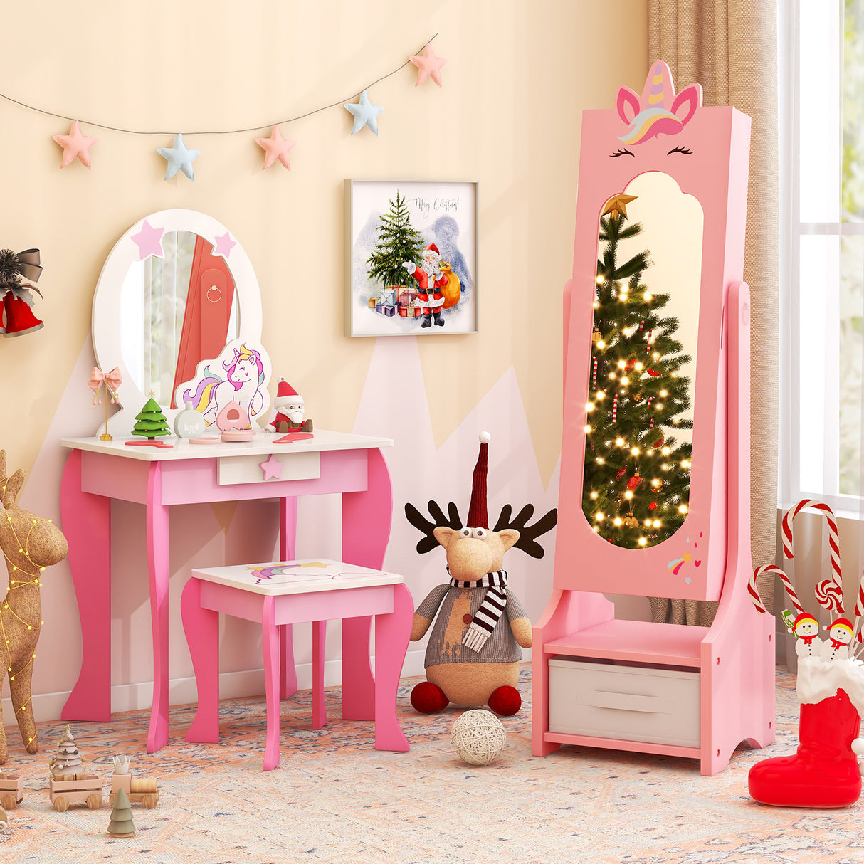 Kids Jewelry Cabinet with Full-Length Mirror for Kids Bedroom and Playroom