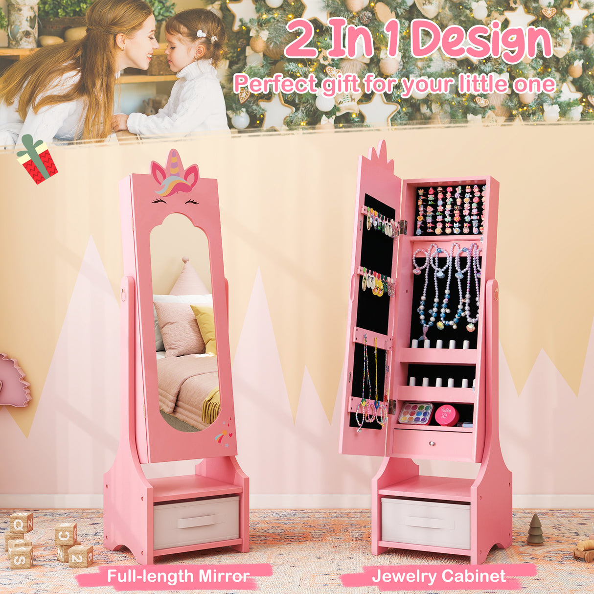 Kids Jewelry Cabinet with Full-Length Mirror for Kids Bedroom and Playroom