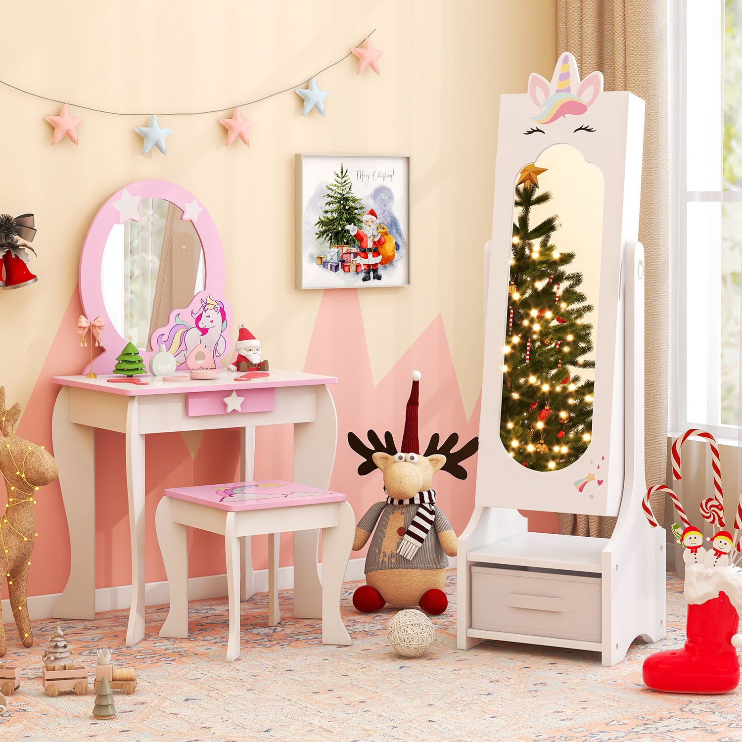 Kids Jewelry Cabinet with Full-Length Mirror for Kids Bedroom and Playroom