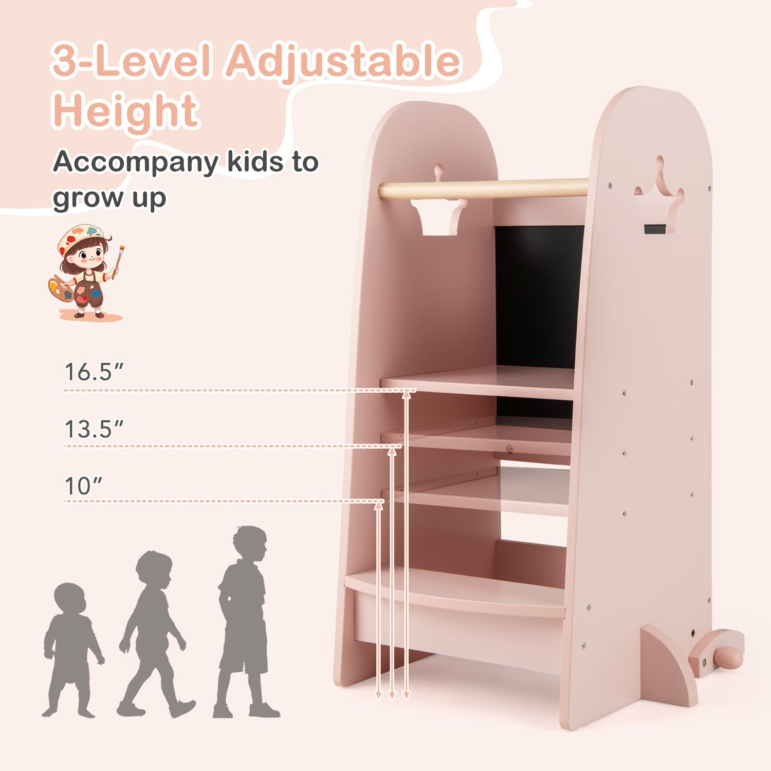 Kids Kitchen Tower Adjustable with Chalkboard and Safety Rail
