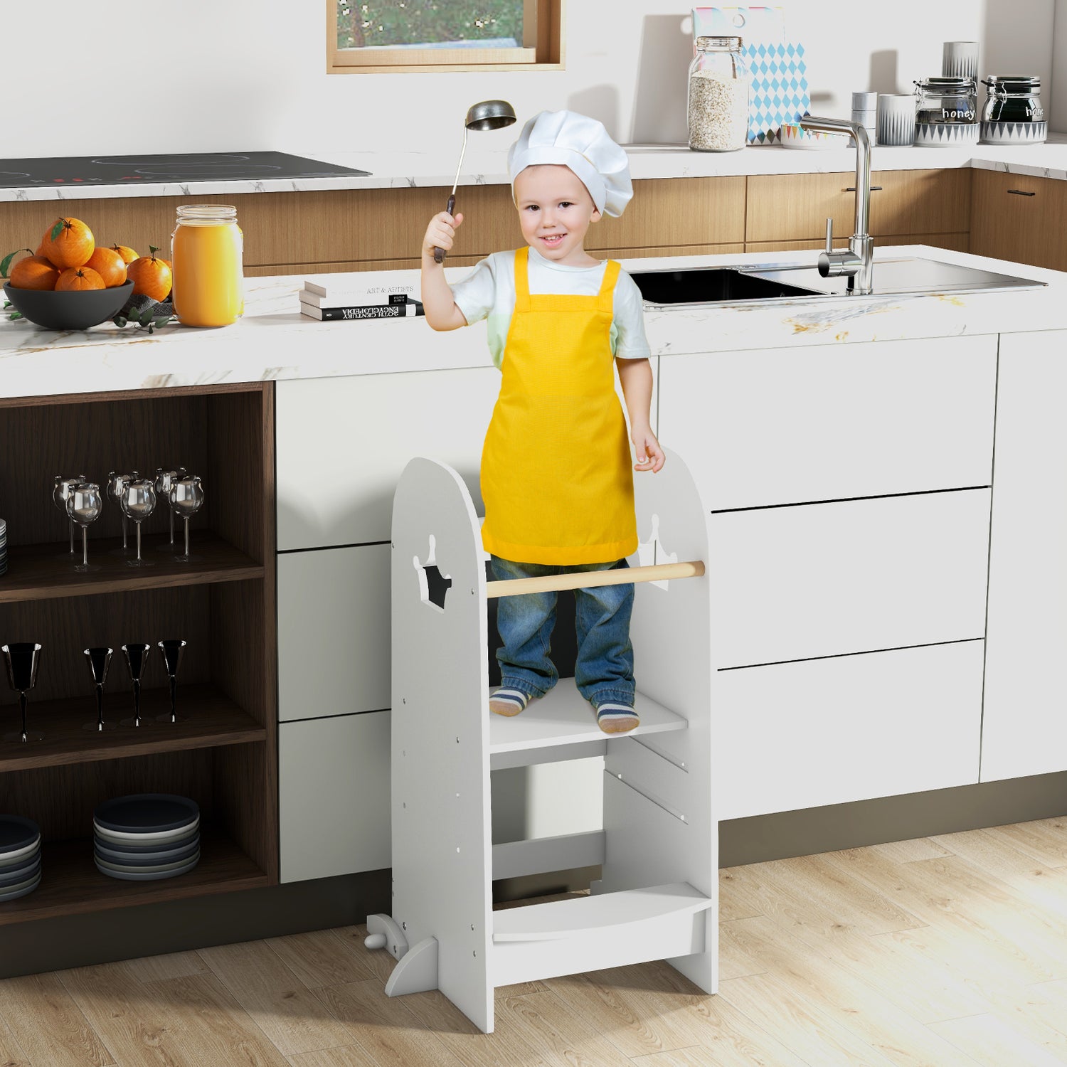 Kids Kitchen Tower Adjustable with Chalkboard and Safety Rail