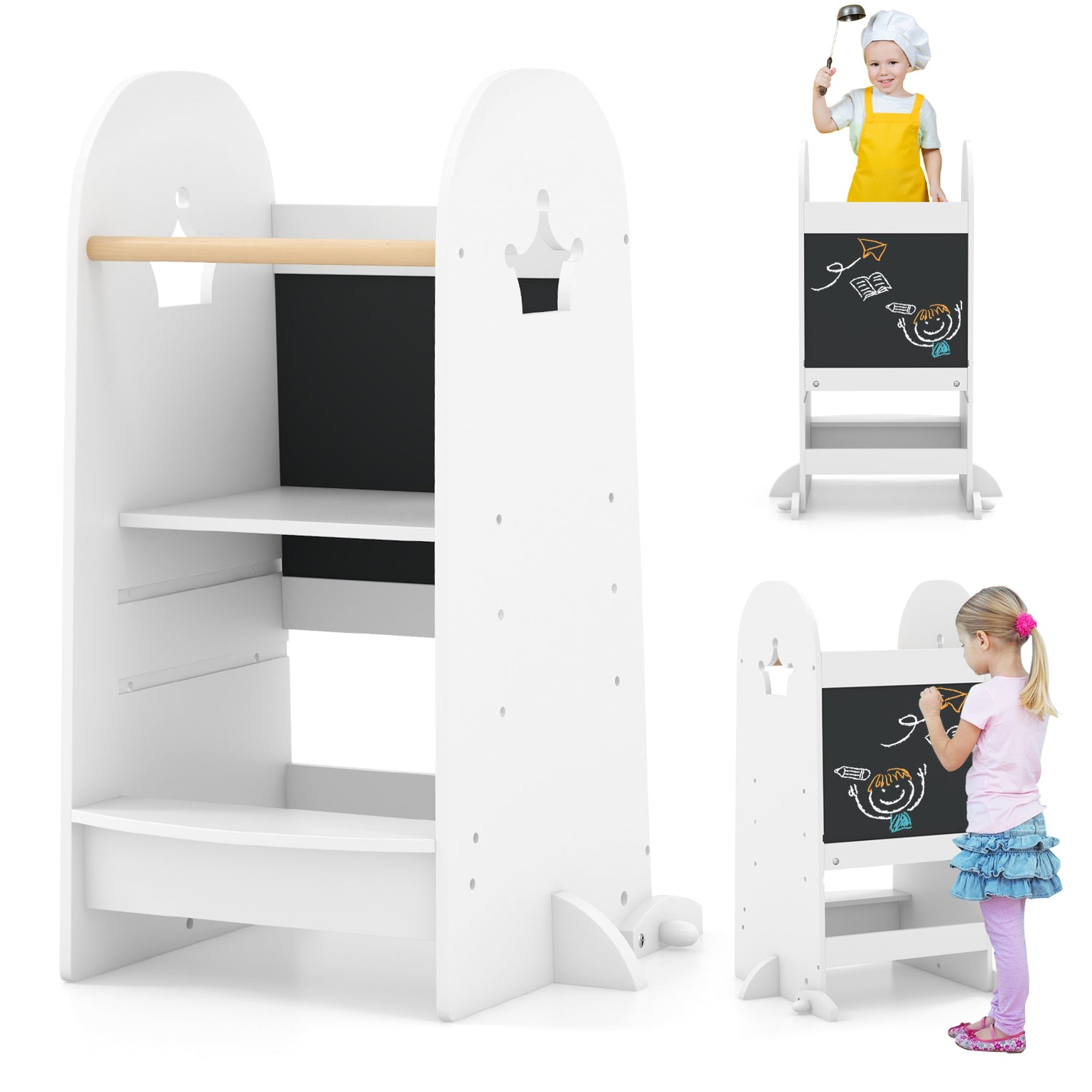 Kids Kitchen Tower Adjustable with Chalkboard and Safety Rail