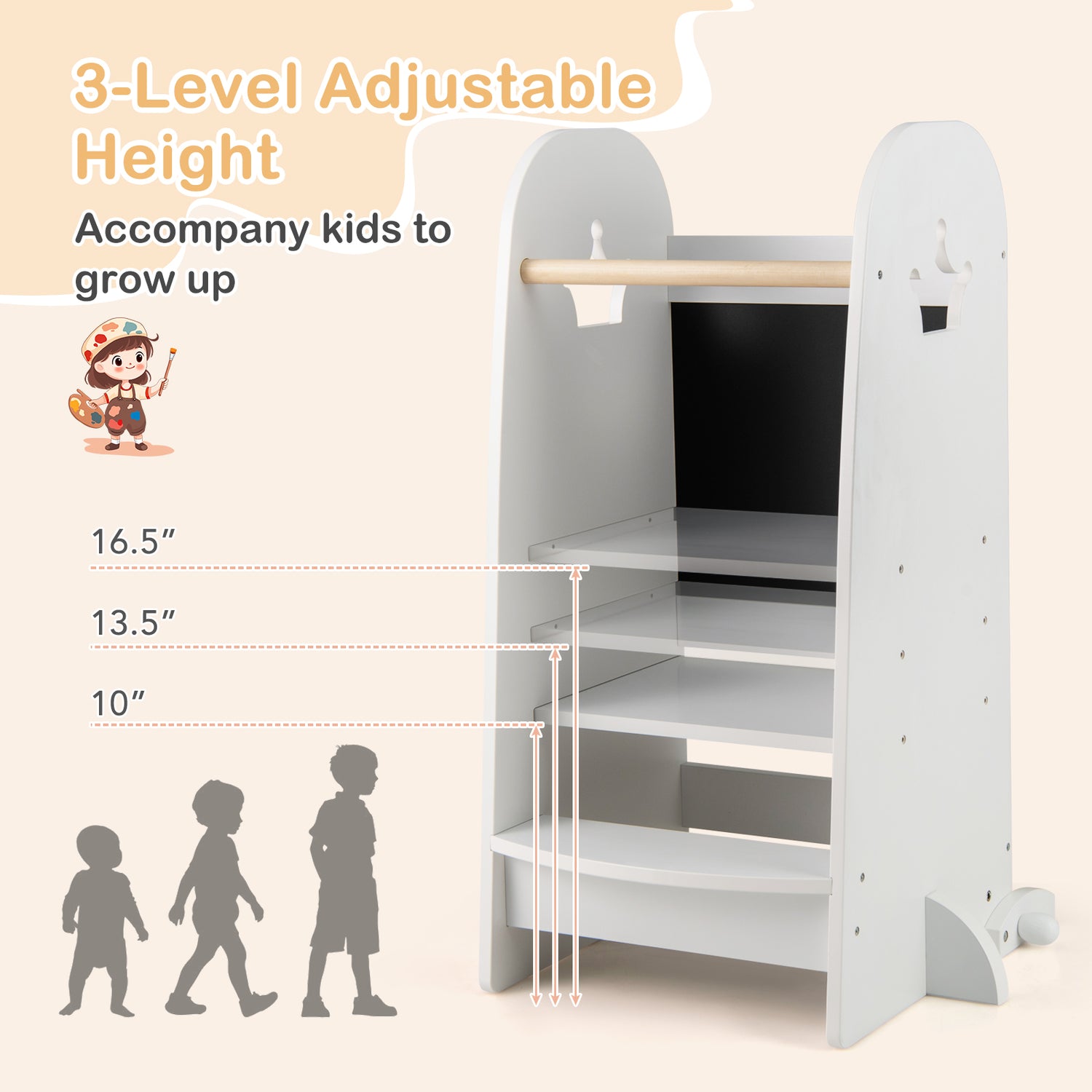 Kids Kitchen Tower Adjustable with Chalkboard and Safety Rail