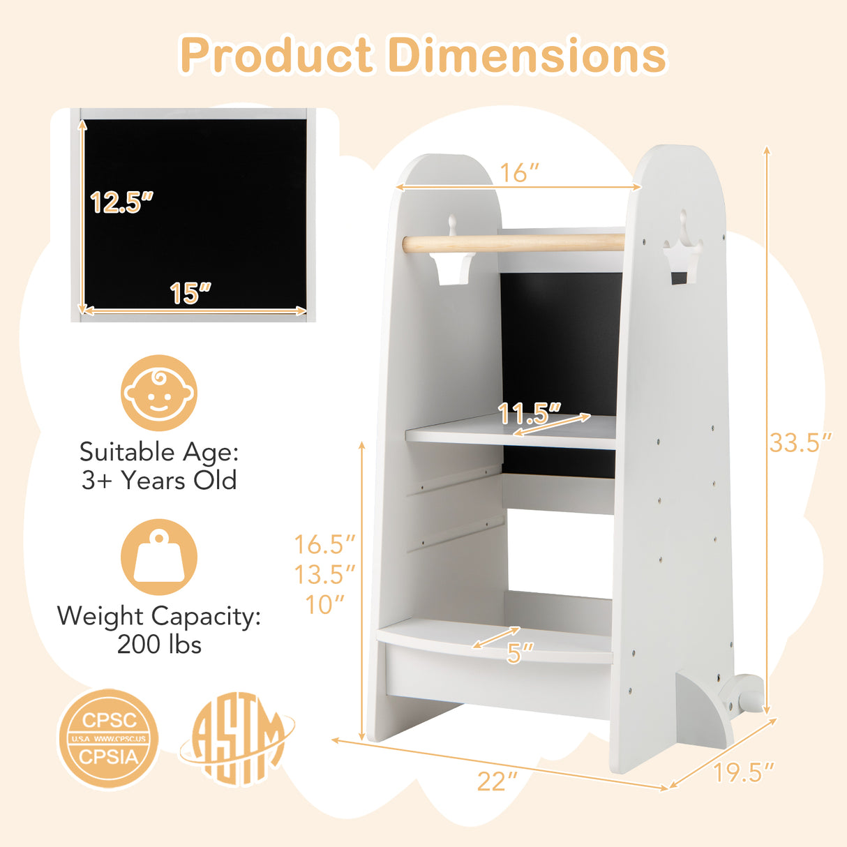 Kids Kitchen Tower Adjustable with Chalkboard and Safety Rail