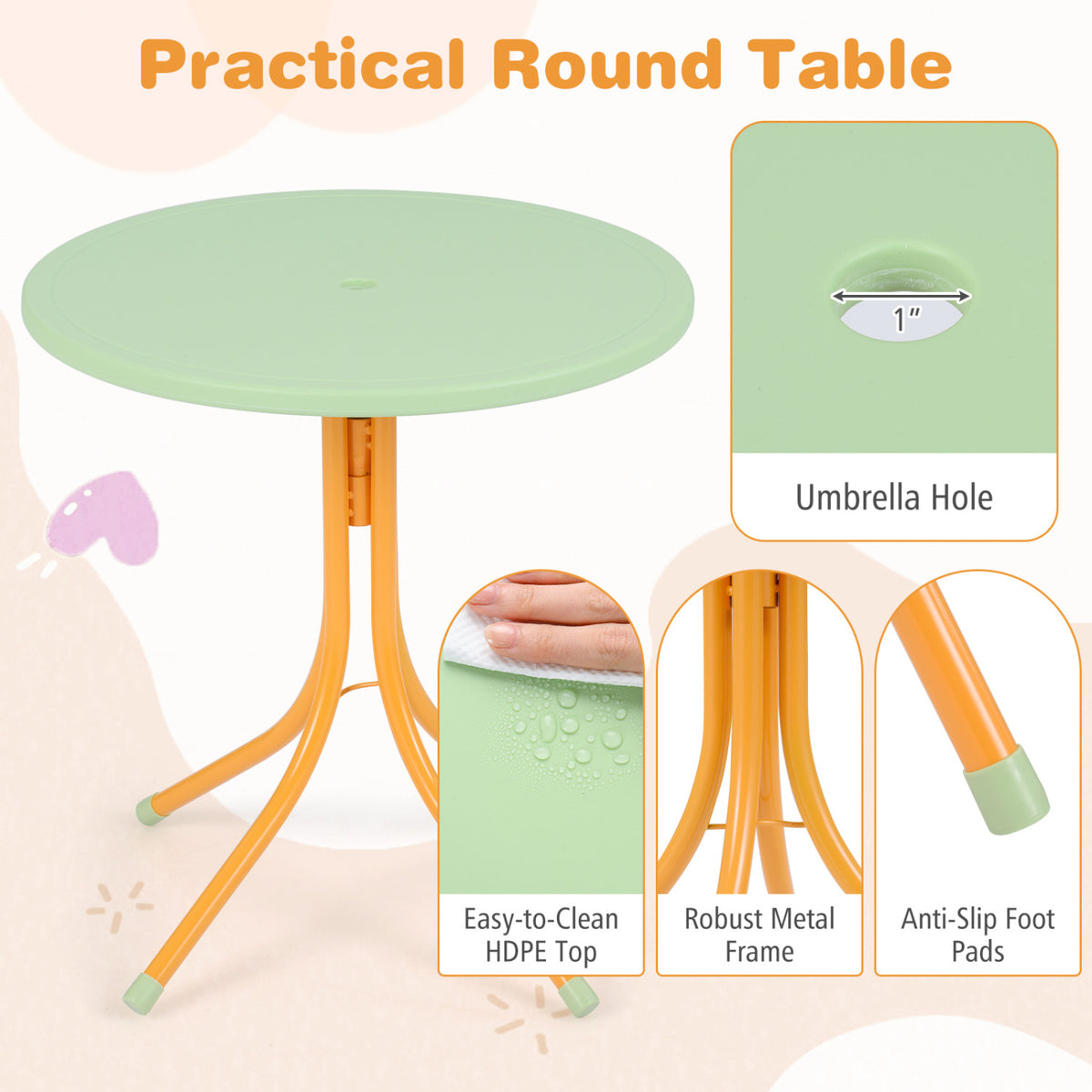 Kids Outdoor Table and Chair Set with 2 Folding Chairs and Height Adjustable Umbrella