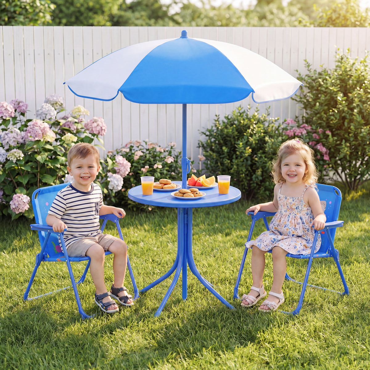 Kids Outdoor Table and Chair Set with 2 Folding Chairs and Height Adjustable Umbrella