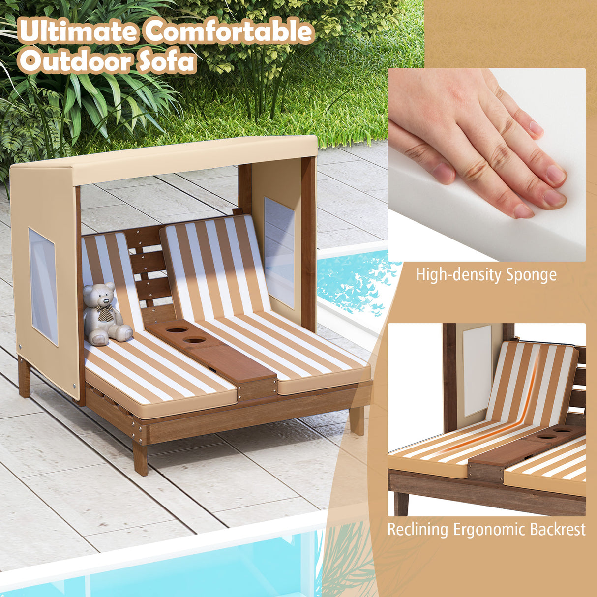 Kids Patio Lounge Chair with Cup Holders and Awning