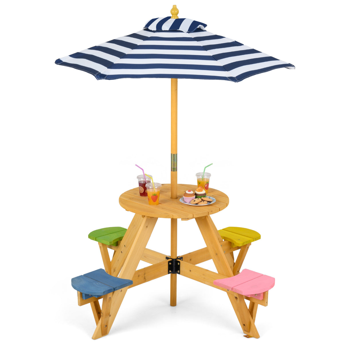 Kids Picnic Table with Stools and Foldable Adjustable Umbrella for Backyard and Patio-Blue