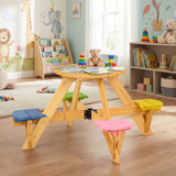 Kids Picnic Table with Stools and Foldable Adjustable Umbrella for Backyard and Patio-Blue