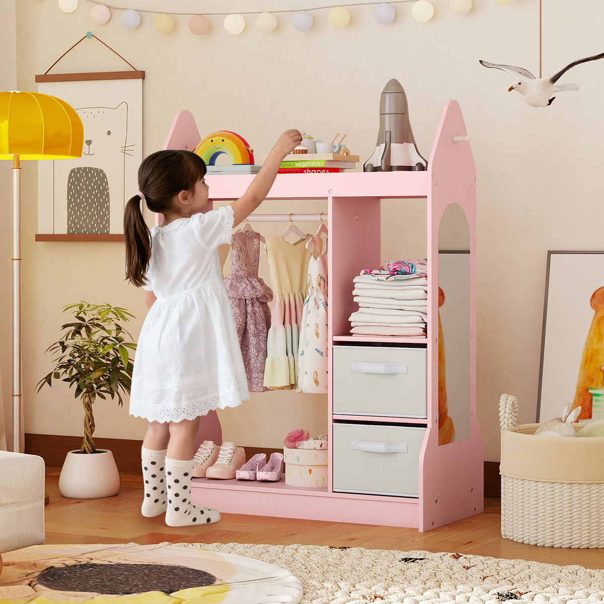 Kids Play Armoire Dresser with Cloth Hanger-Pink