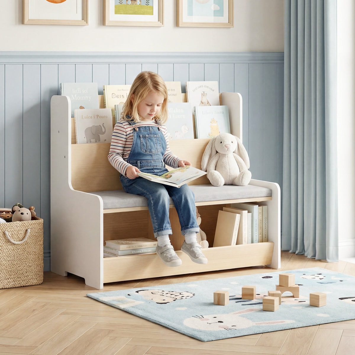 Kids Reading Nook with Bench Bookshelf and 2 Cubbies-White