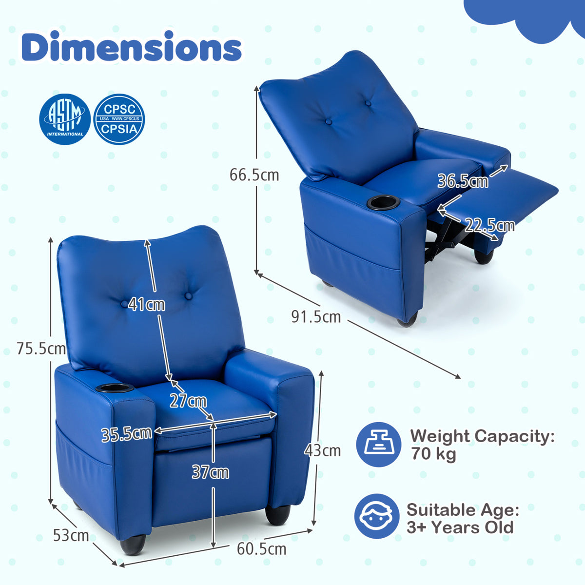 Kids Recliner with Cup Holder Armrests and Adjustable Backrest for Playroom